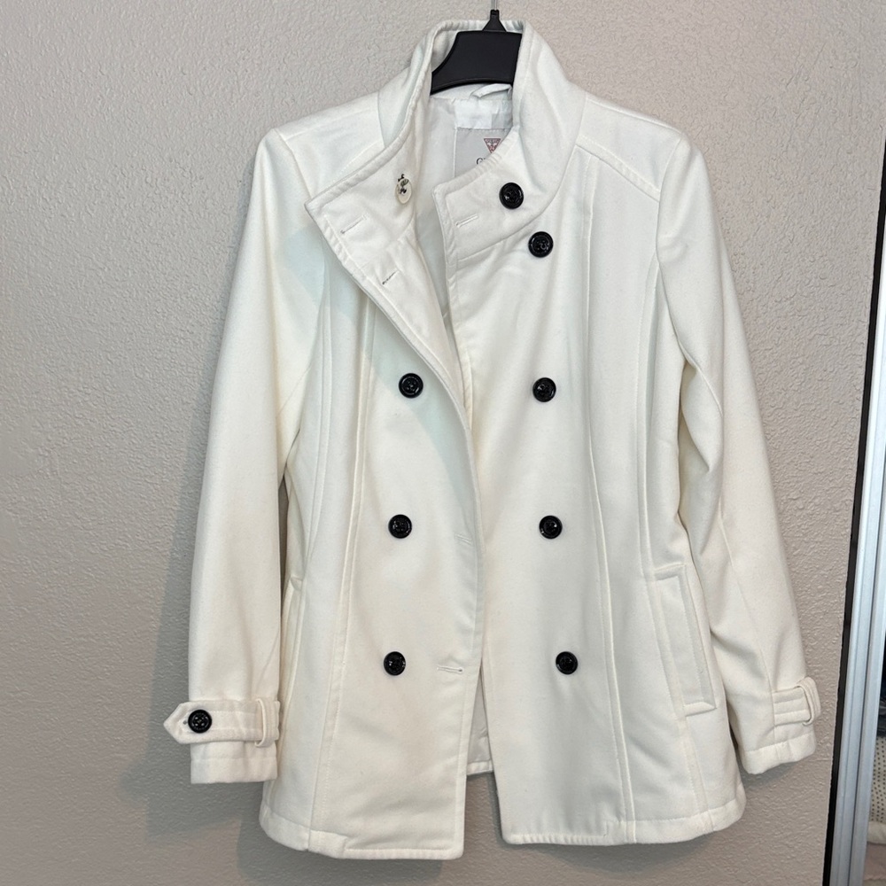 Guess White Double-Breasted Pea Coat